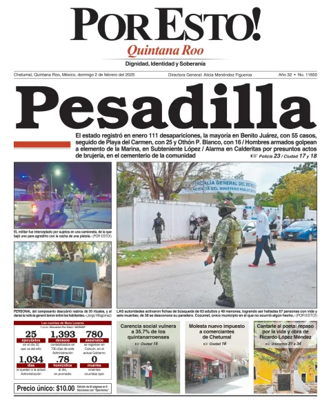 Portada de Por Esto (quintana Roo Chetumal) del domingo, 2 de febrero de 2025