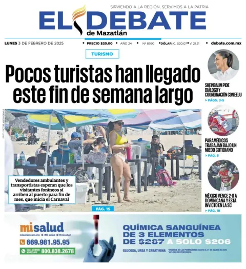 Portada de El Debate de Mazatlán del lunes, 3 de febrero de 2025