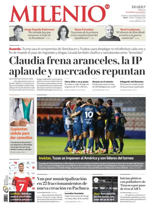 Portada de Milenio Hidalgo del martes, 4 de febrero de 2025