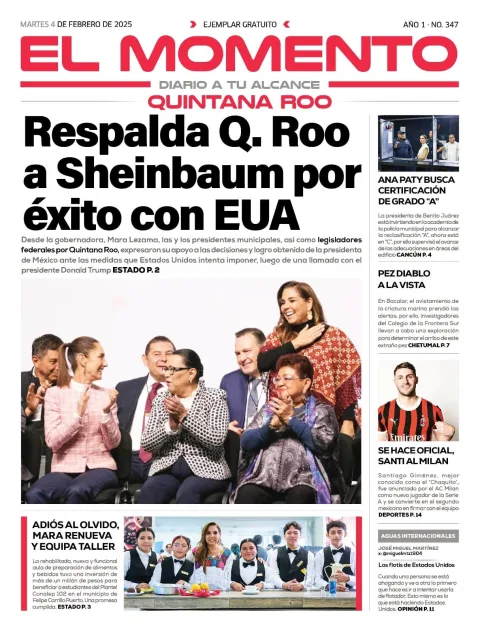 Portada de El Momento Quintana Roo del martes, 4 de febrero de 2025