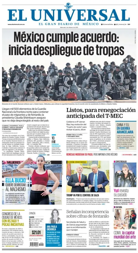 Portada de El Universal del miércoles, 5 de febrero de 2025