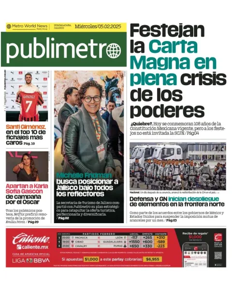Portada de Publimetro Guadalajara del miércoles, 5 de febrero de 2025