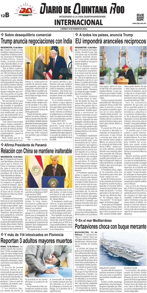 Portada de Diario de Quintana Roo (contra Portada) del viernes, 14 de febrero de 2025