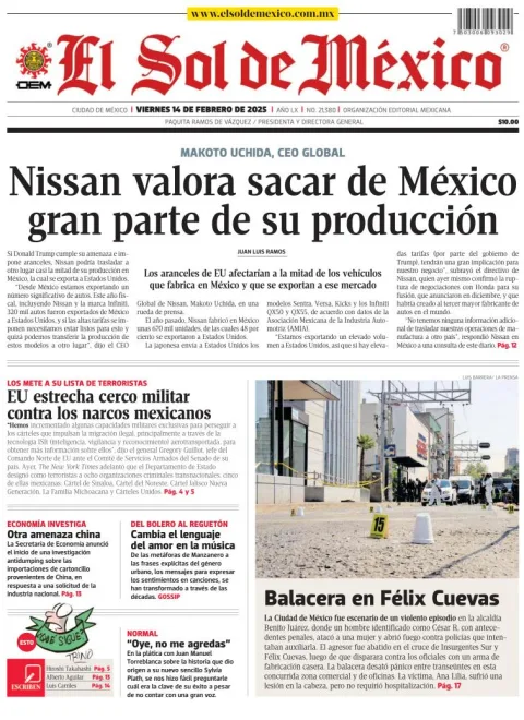 Portada de El Sol de México del viernes, 14 de febrero de 2025