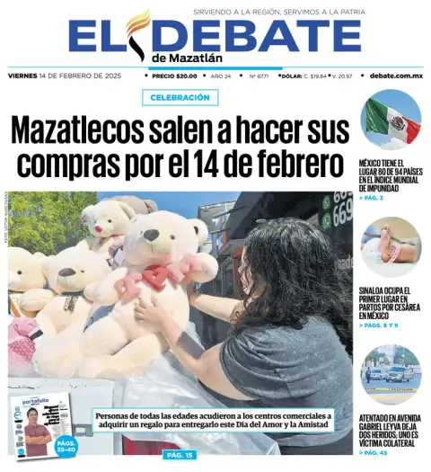 Portada de El Debate de Mazatlán del viernes, 14 de febrero de 2025