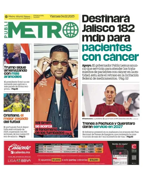Portada de Publimetro Guadalajara del viernes, 14 de febrero de 2025