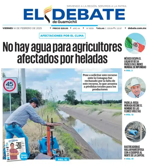 Portada de El Debate de Guamúchil del viernes, 14 de febrero de 2025
