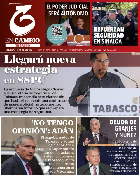Portada de En Cambio - Tabasco (portada) del sábado, 15 de febrero de 2025