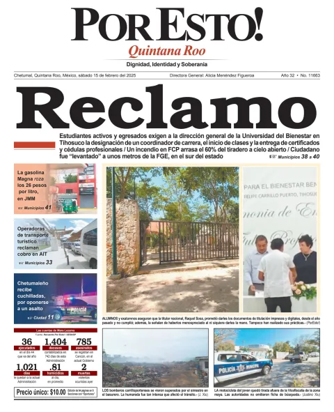 Portada de Por Esto (quintana Roo Chetumal) del sábado, 15 de febrero de 2025