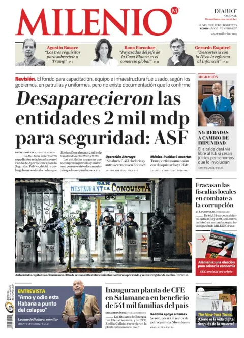 Portada de Milenio del lunes, 17 de febrero de 2025