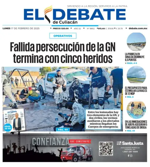 Portada de El Debate de Culiacán del lunes, 17 de febrero de 2025