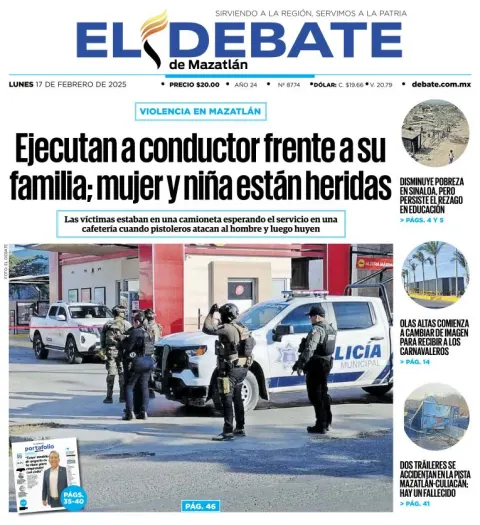 Portada de El Debate de Mazatlán del lunes, 17 de febrero de 2025