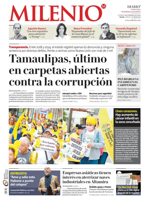 Portada de Milenio Tamaulipas del lunes, 17 de febrero de 2025