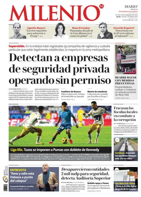 Portada de Milenio Hidalgo del lunes, 17 de febrero de 2025