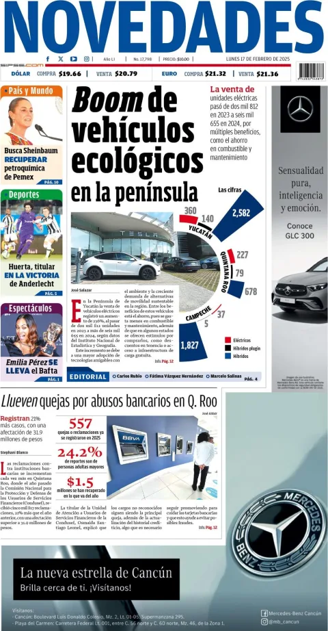 Portada de Novedades Quintana Roo del lunes, 17 de febrero de 2025