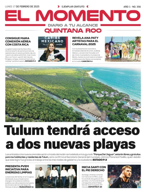 Portada de El Momento Quintana Roo del lunes, 17 de febrero de 2025