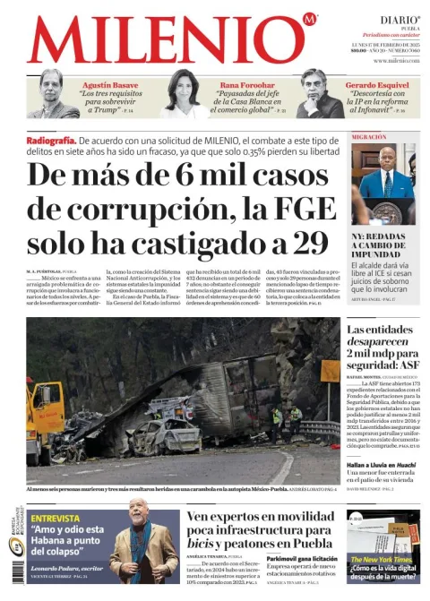 Portada de Milenio Puebla del lunes, 17 de febrero de 2025