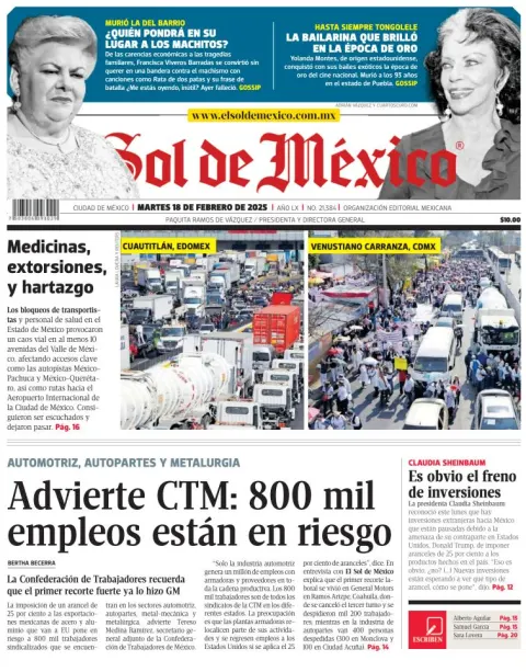 Portada de El Sol de México del martes, 18 de febrero de 2025
