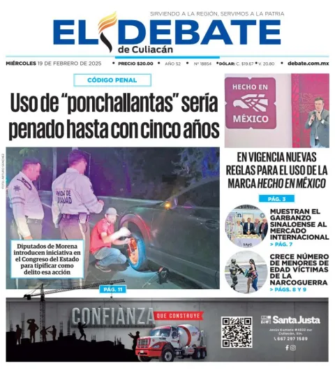 Portada de El Debate de Culiacán del miércoles, 19 de febrero de 2025