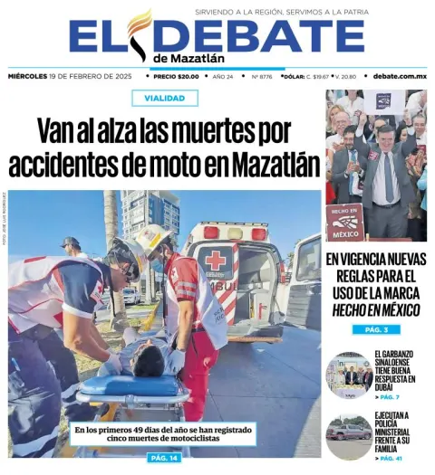Portada de El Debate de Mazatlán del miércoles, 19 de febrero de 2025