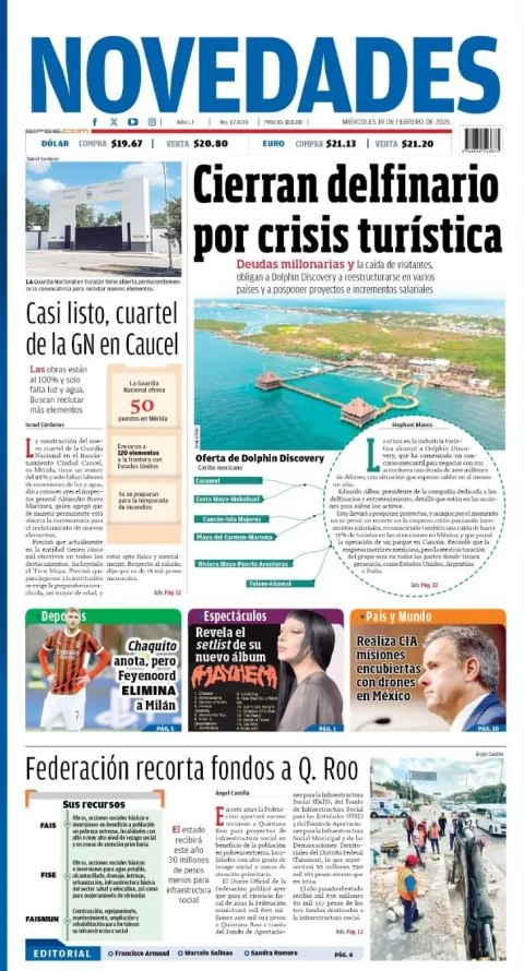 Portada de Novedades Quintana Roo del miércoles, 19 de febrero de 2025