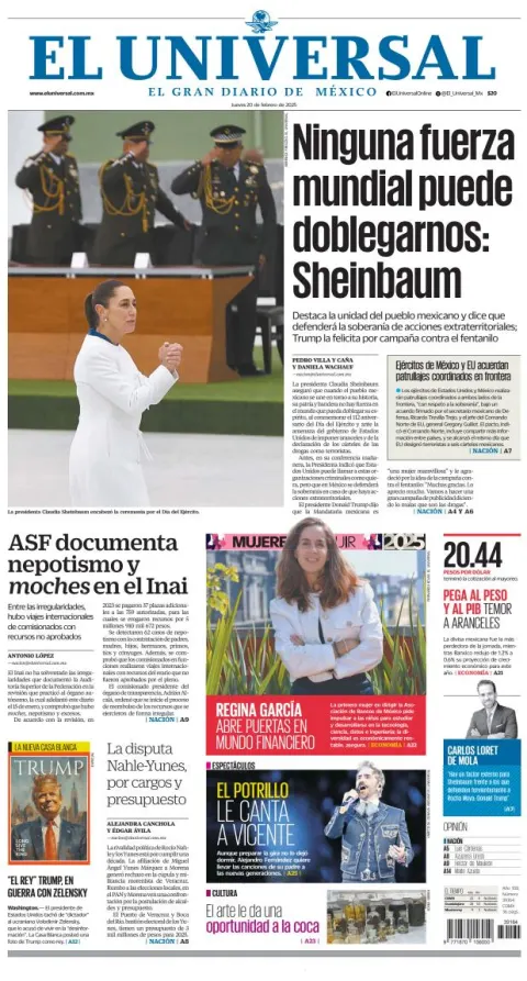 Portada de El Universal del jueves, 20 de febrero de 2025