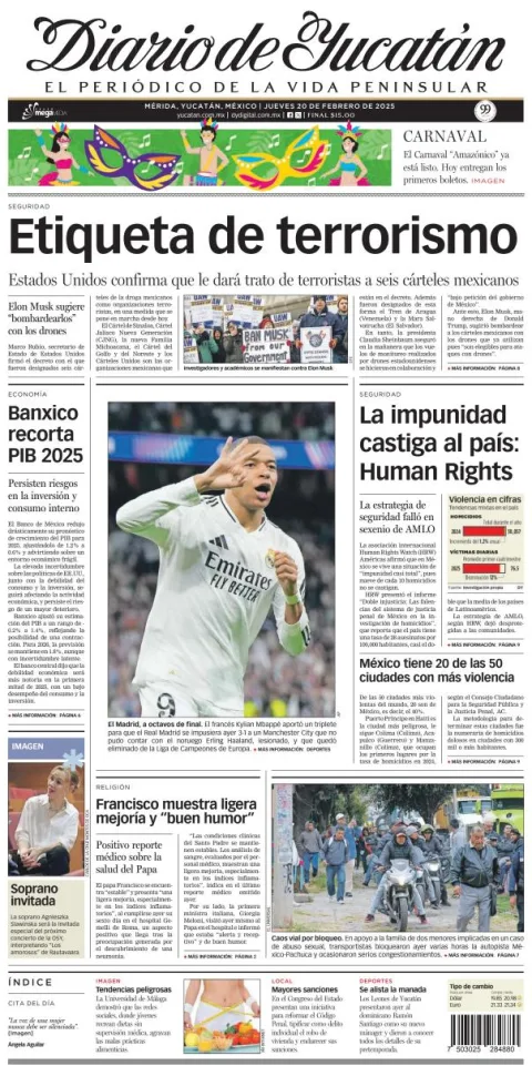 Portada de Diario de Yucatán del jueves, 20 de febrero de 2025