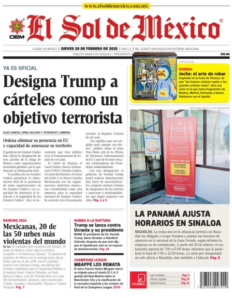 Portada de El Sol de México del jueves, 20 de febrero de 2025
