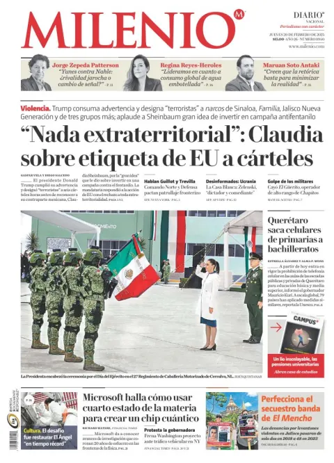 Portada de Milenio del jueves, 20 de febrero de 2025