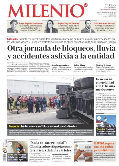 Portada de Milenio Edo de México del jueves, 20 de febrero de 2025