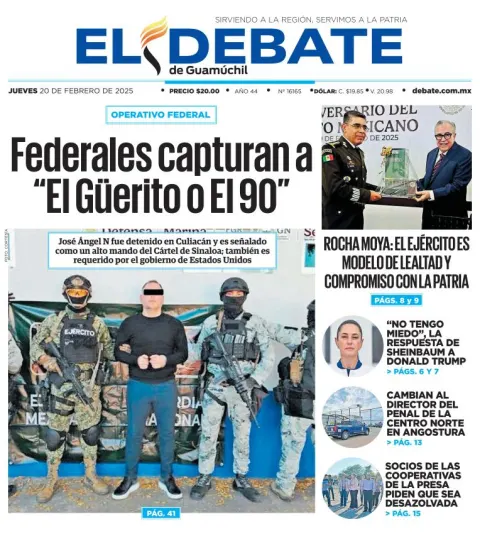 Portada de El Debate de Guamúchil del jueves, 20 de febrero de 2025