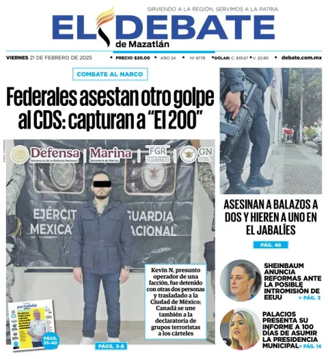 Portada de El Debate de Mazatlán del viernes, 21 de febrero de 2025