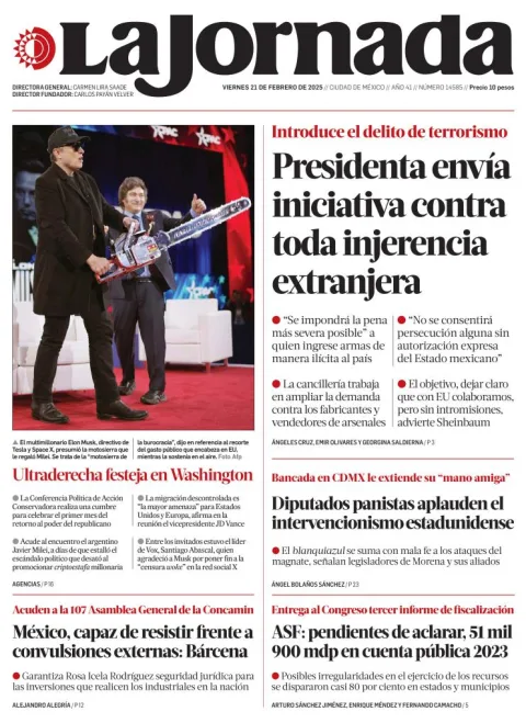 Portada de La Jornada del viernes, 21 de febrero de 2025