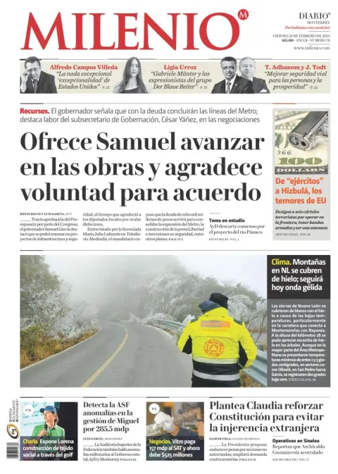 Portada de Milenio Monterrey del viernes, 21 de febrero de 2025