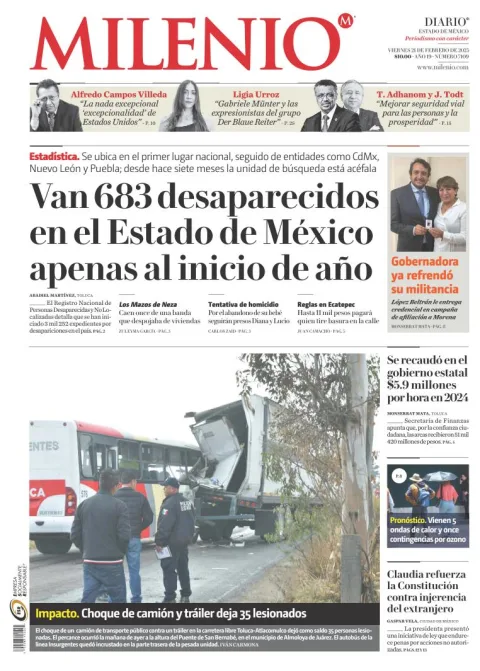 Portada de Milenio Edo de México del viernes, 21 de febrero de 2025