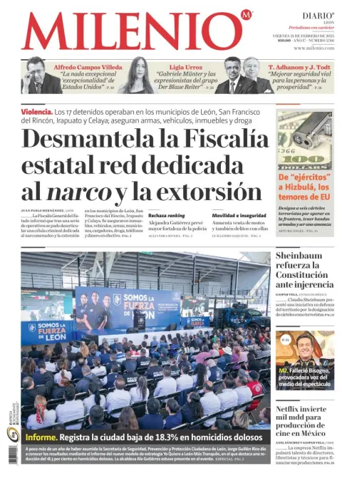 Portada de Milenio León del viernes, 21 de febrero de 2025