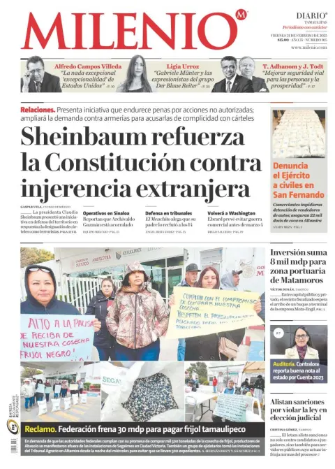 Portada de Milenio Tamaulipas del viernes, 21 de febrero de 2025