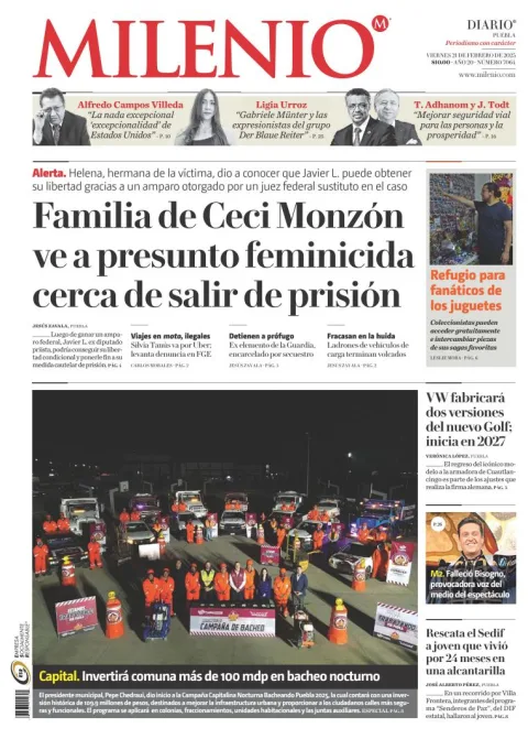 Portada de Milenio Puebla del viernes, 21 de febrero de 2025