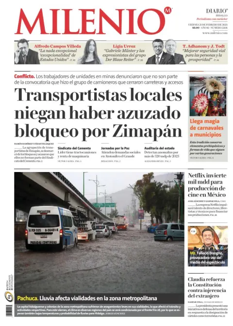 Portada de Milenio Hidalgo del viernes, 21 de febrero de 2025
