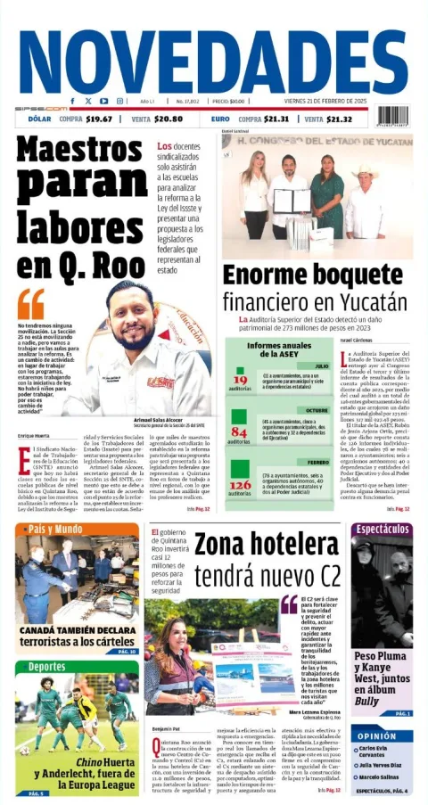 Portada de Novedades Quintana Roo del viernes, 21 de febrero de 2025