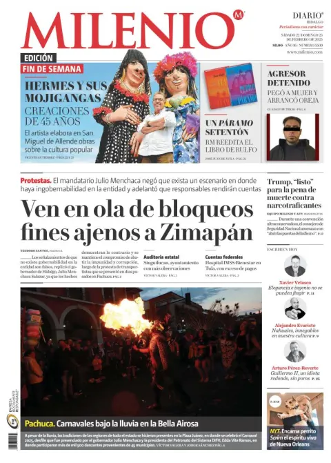 Portada de Milenio Hidalgo del sábado, 22 de febrero de 2025