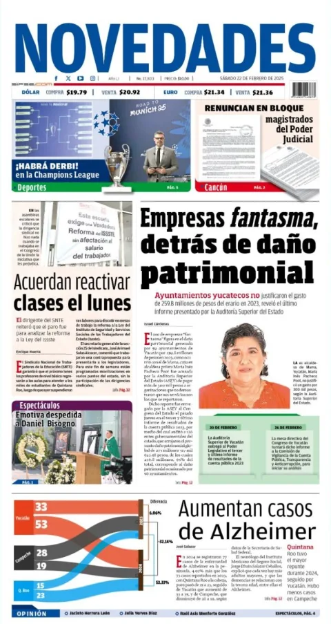 Portada de Novedades Quintana Roo del sábado, 22 de febrero de 2025