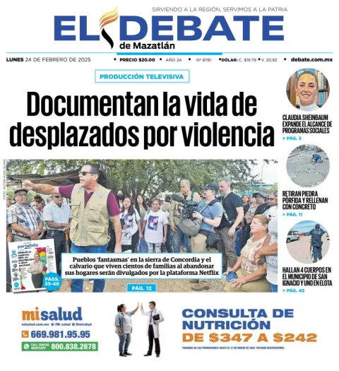 Portada de El Debate de Mazatlán del lunes, 24 de febrero de 2025