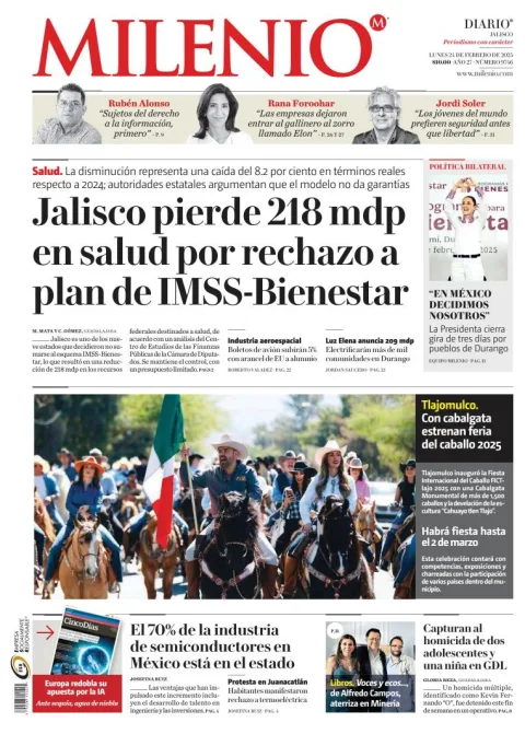 Portada de Milenio Jalisco del lunes, 24 de febrero de 2025