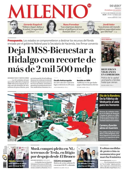 Portada de Milenio Hidalgo del lunes, 24 de febrero de 2025