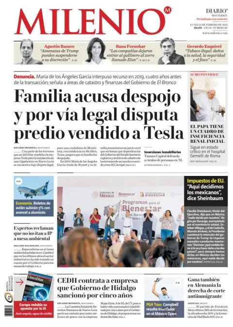 Portada de Milenio Monterrey del lunes, 24 de febrero de 2025