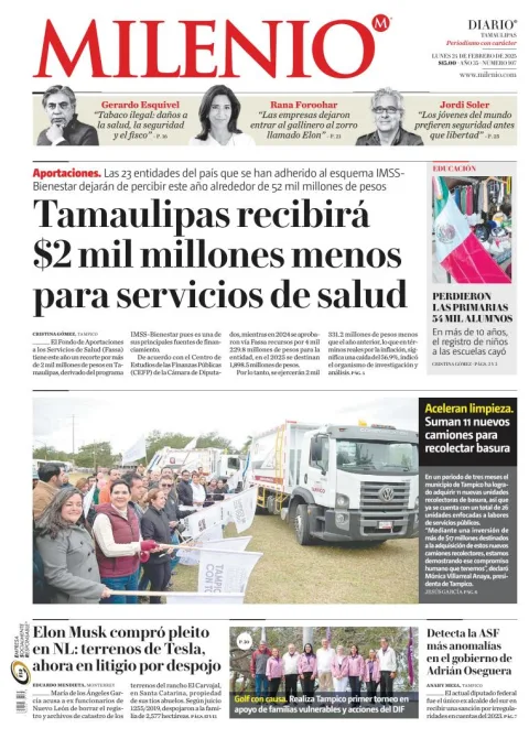 Portada de Milenio Tamaulipas del lunes, 24 de febrero de 2025