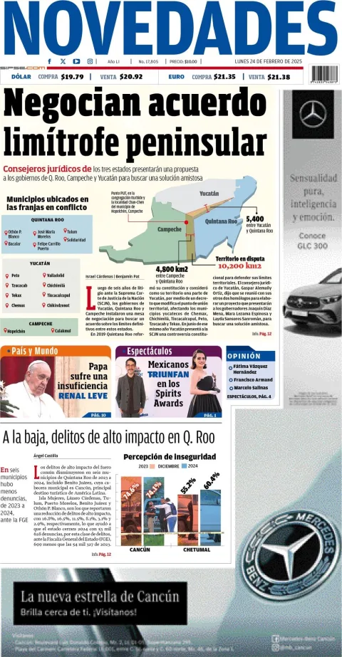 Portada de Novedades Quintana Roo del lunes, 24 de febrero de 2025