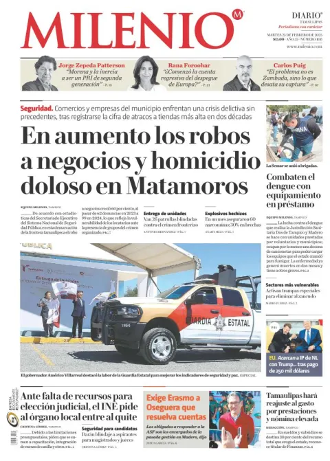 Portada de Milenio Tamaulipas del martes, 25 de febrero de 2025
