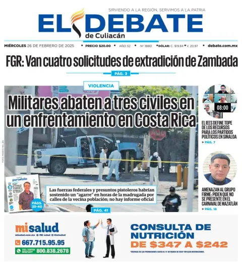 Portada de El Debate de Culiacán del miércoles, 26 de febrero de 2025